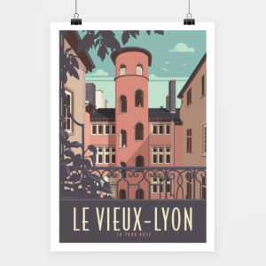 Affiche touristique avec l'illustration Lyon la Tour Rose
