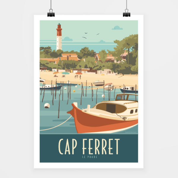 Affiche touristique avec l'illustration Cap Ferret le Phare-Bleu