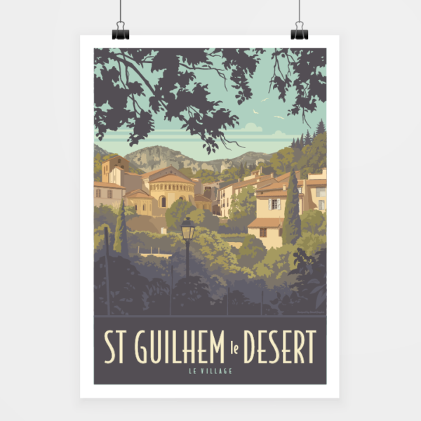 Affiche touristique avec l'illustration St Guilhem le Desert