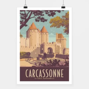 Affiche touristique avec l'illustration Carcassonne Porte Narbonnaise