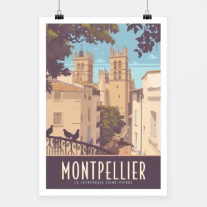 Affiche touristique avec l'illustration Montpellier Cathédrale