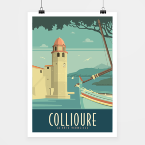 Affiche touristique avec l'illustration Collioure rétro