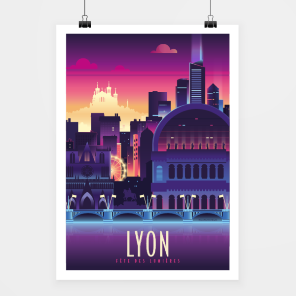 Affiche touristique avec l'illustration Lyon lumière