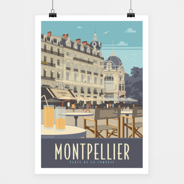 Affiche touristique avec l'illustration Montpellier Comédie