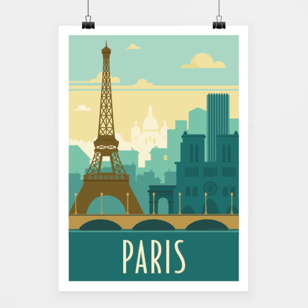 Affiche touristique avec l'illustration Paris rétro vert