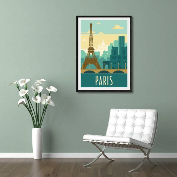 Décor avec l'affiche encadrée Paris rétro vert