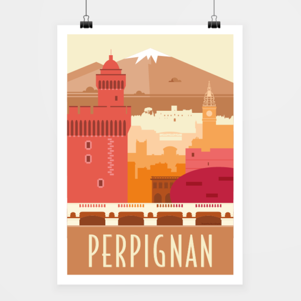 Affiche touristique avec l'illustration Perpignan rétro