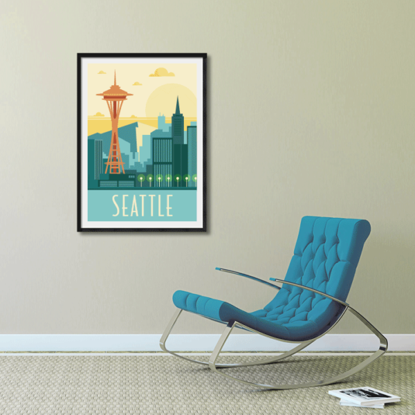 Décor avec l'affiche encadrée Seattle rétro