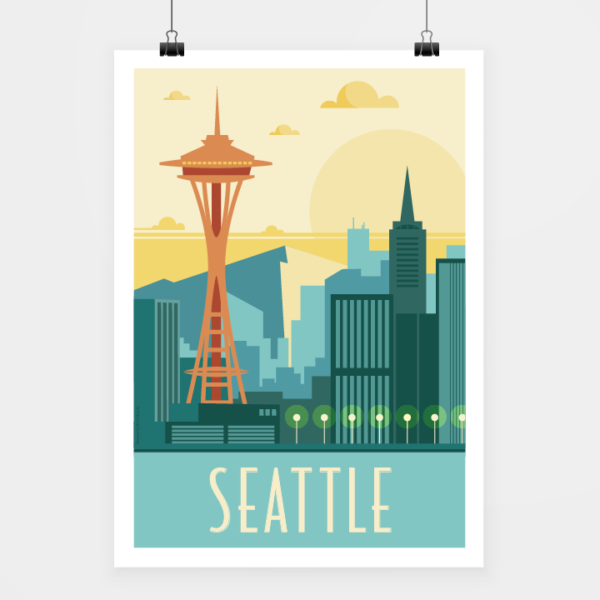 Affiche touristique avec l'illustration Seattle rétro