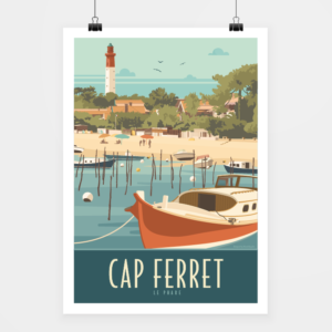 Affiche touristique avec l'illustration Cap Ferret le Phare-Bleu