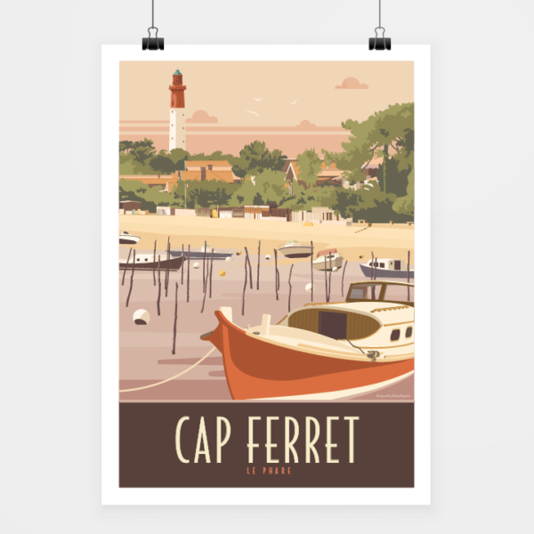Affiche touristique avec l'illustration Cap Ferret le Phare-Rouge