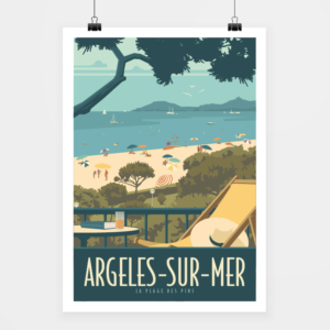 Affiche touristique avec l'illustration Argelès plage des Pins