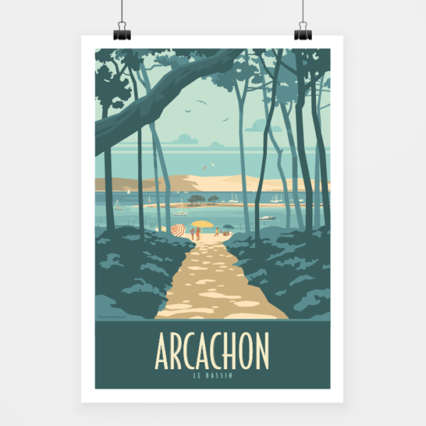 Affiche touristique avec l'illustration Arcachon le Bassin