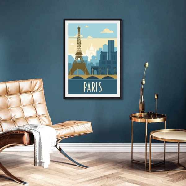 Décor avec l'affiche encadrée Paris rétro bleu