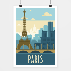 Affiche touristique avec l'illustration Paris rétro bleu