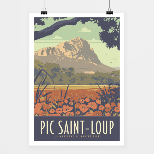 Affiche touristique avec l'illustration Pic Saint-Loup