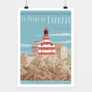 Affiche touristique avec l'illustration Corse Phare Lavezzi