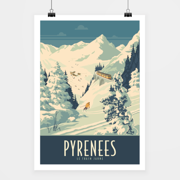 Affiche touristique avec l'illustration Pyrénées Train jaune