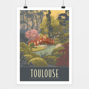 Affiche touristique avec l'illustration Toulouse Le jardin japonais
