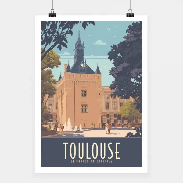 Affiche touristique avec l'illustration Le Donjon du Capitole