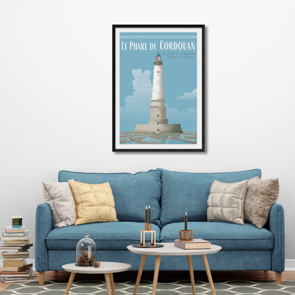 Décor avec l'affiche encadrée Phare de Cordouan Bleu clair