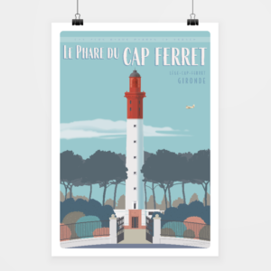 Affiche touristique avec l'illustration Phare du Cap Ferret -Bleu