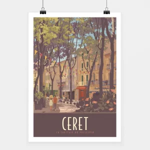 Affiche touristique avec l'illustration Céret Les platanes