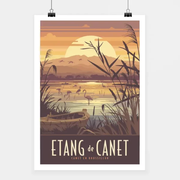 Affiche touristique avec l'illustration Canet l'étang version Brun