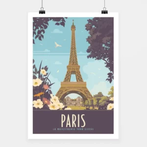 Affiche Paris tour Eiffel illustration vintage fleurs