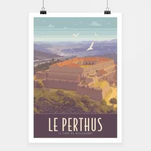 Affiche touristique vintage avec l'illustration du Perthus et le fort de Bellegarde