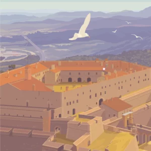 Gros plan de l'illustration le Perthus et du fort de Bellegarde