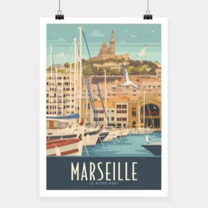 Affiche touristique vintage avec l'illustration de Marseille Vieux-Port