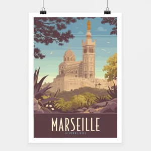 Affiche touristique vintage avec l'illustration de Marseille La Bonne Mère